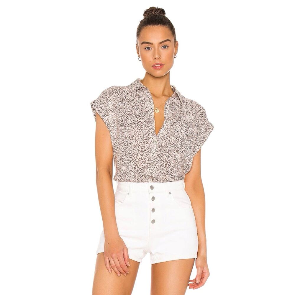 Rails Whitney Sand Cheetah Shirt XS Beige Linen Blend Short Sleeve Button Up